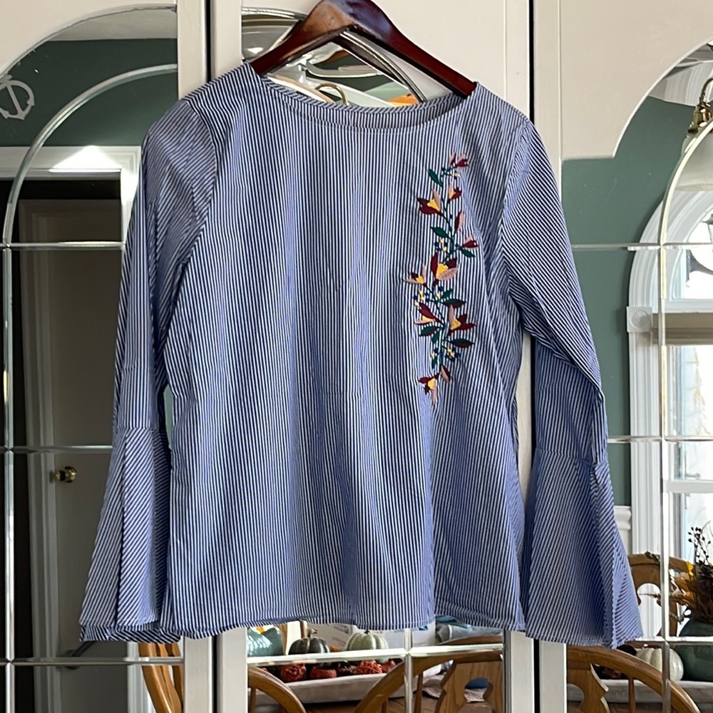 Women’s Striped Top with Embroidered Flowers
